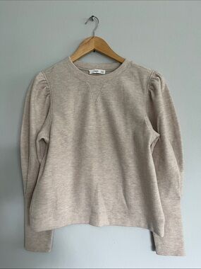 Mango Cream Ribbed Puff-Sleeve Crewneck Sweatshirt